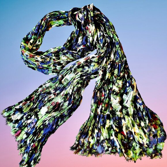 Ann Taylor Oblong Scarf Multi-Color Raw Fringe Rayon + Wool Watercolor 72" - Picture 13 of 15